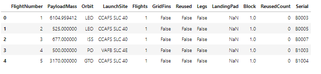 The first five rows of the features dataframe.