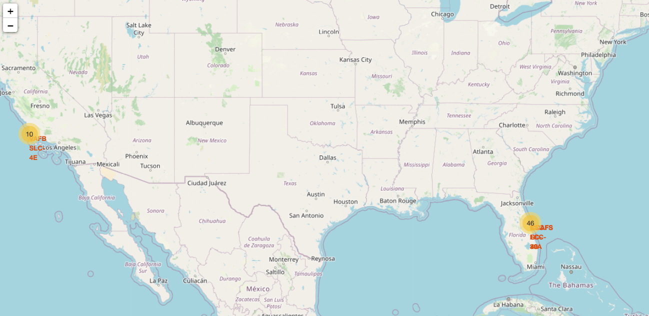 A map showing the launchsites used by SpaceX for Falcon 9 rocket launches.